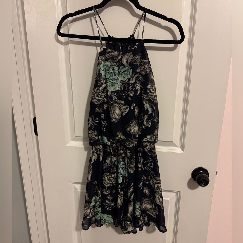 Final Touch Navy Floral Halter Romper with Mint Accents